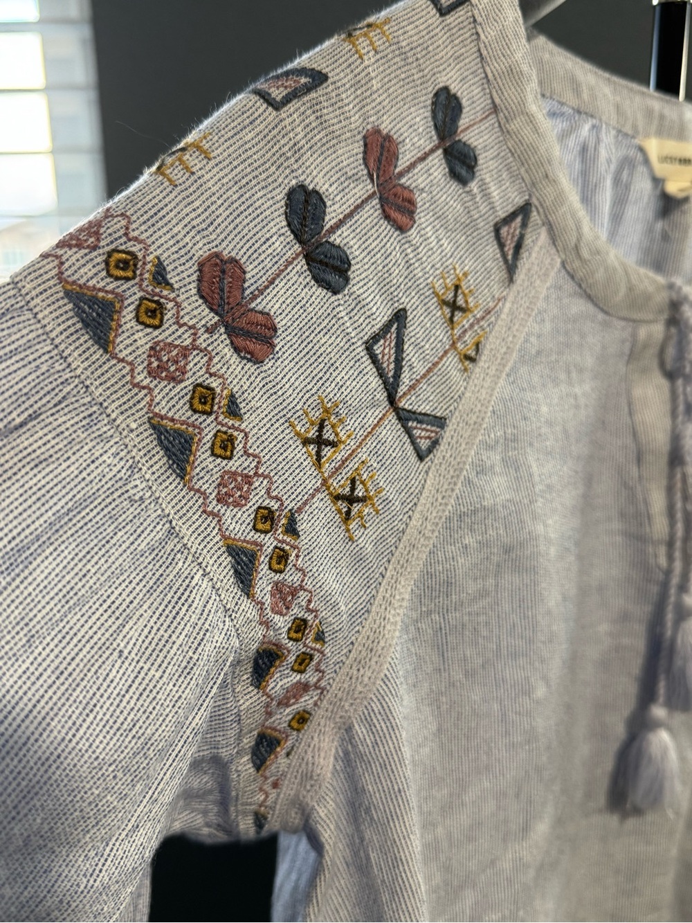 Lucky Brand Light Blue Embroidered Tie-Neck Blouse - Picture 3 of 4
